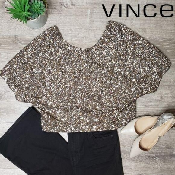 Vince Tops - Vince Sequin sparkle Top size small gold cropped Short Sleeve club party bridal